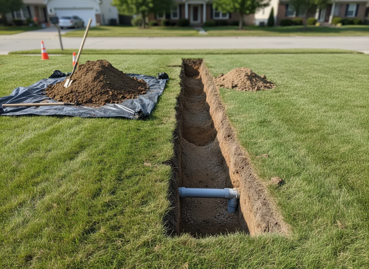 Narrow excavation exposing a sewer pipe